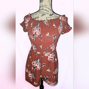 Rue21 Rust Orange Floral Off-Shoulder Smocked Romper with Pink and Blue Flowers